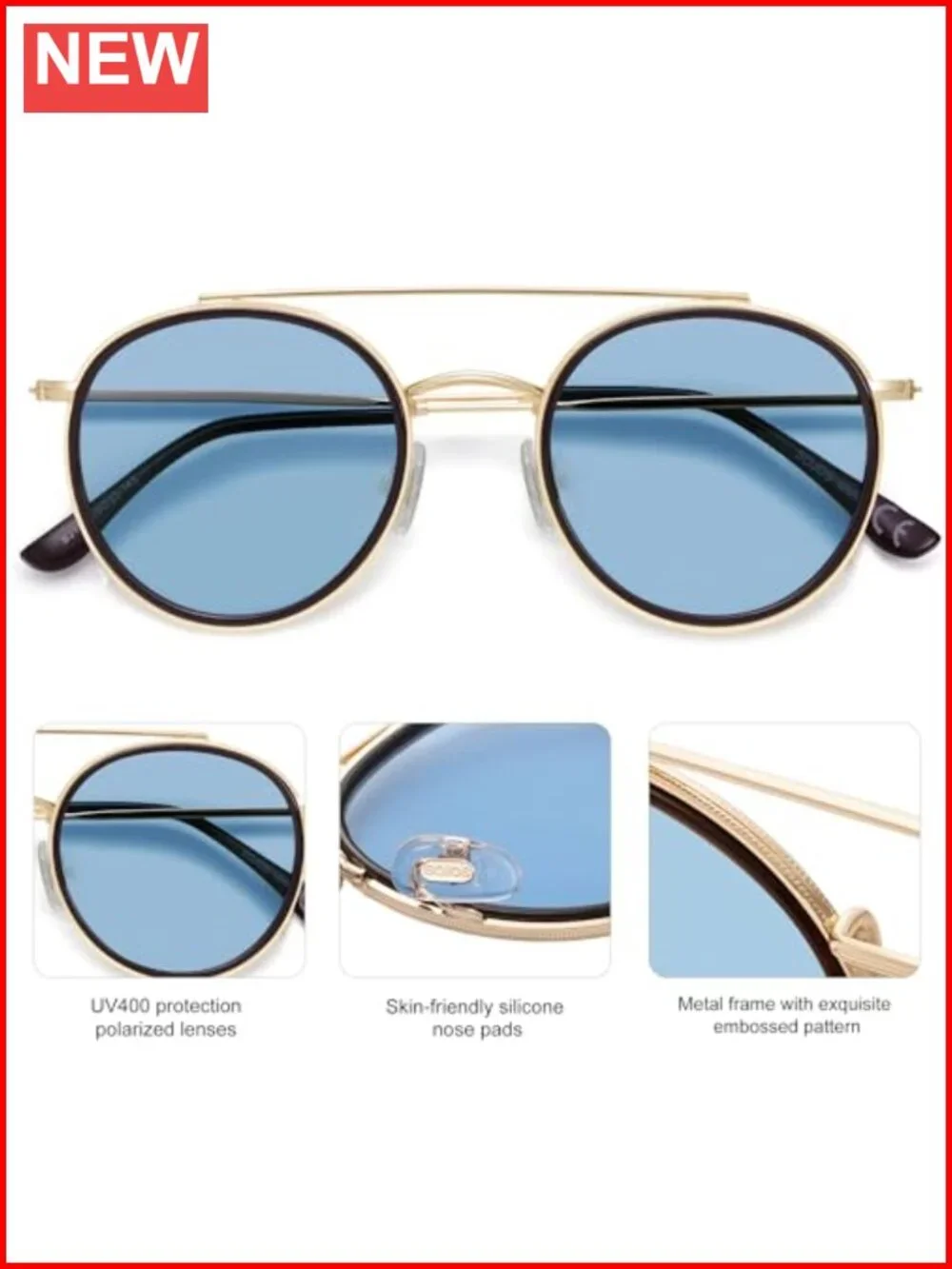 Retro Vintage Round Polarized Sunglasses with Double Bridge Metal Frame